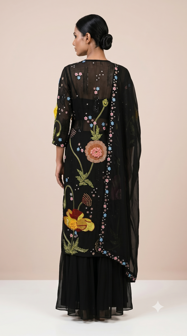 Black Floral Embroidered Kurta Set with Palazzo