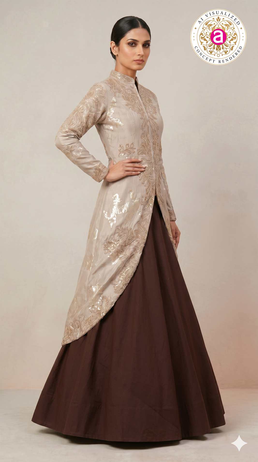 Beige & Brown Designer Indo-Western Party Wear Gown Set