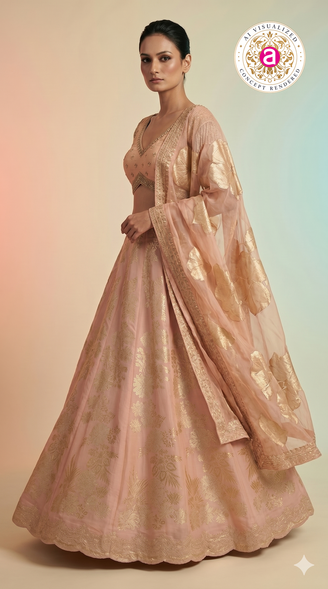Blush Pink Silk Lehenga Choli with Gold Floral Weaving & Sheer Dupatta