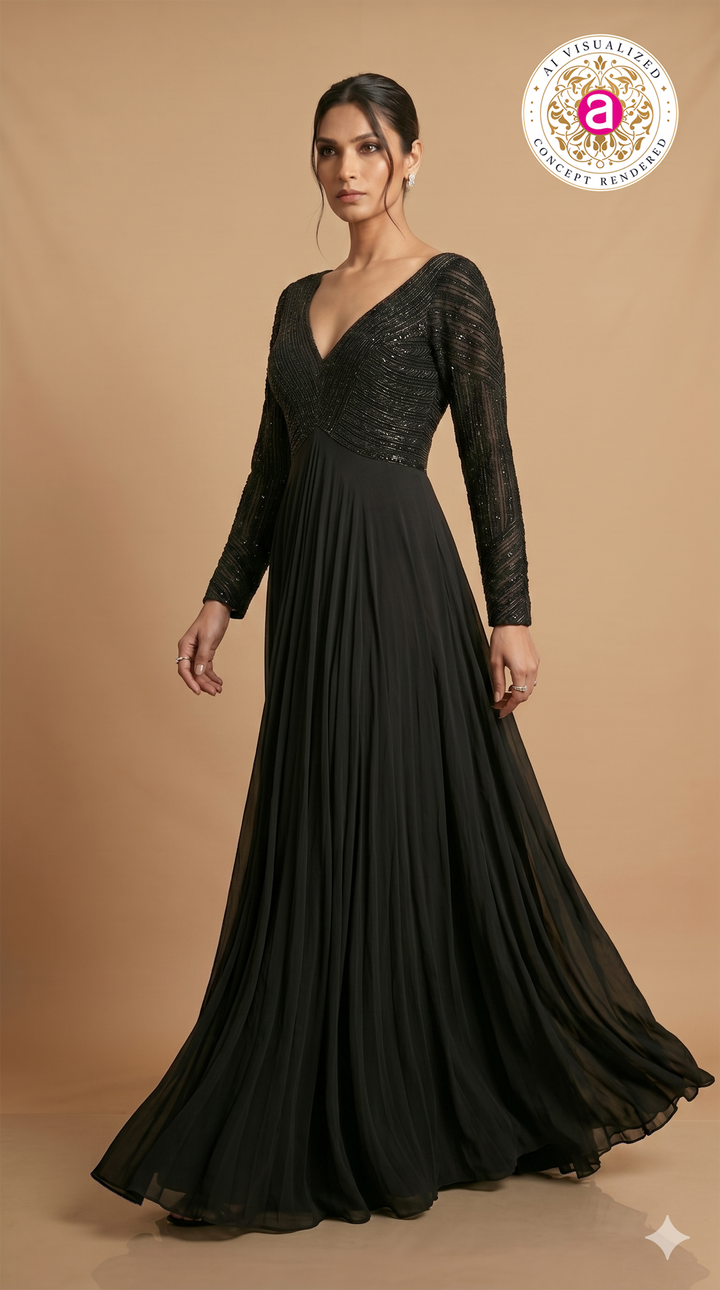 Midnight Black Hand Embellished Evening Gown