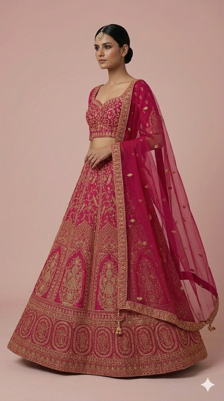 Rani Pink Bridal Lehenga Set with Royal Zari Embroidery & Designer Dupatta