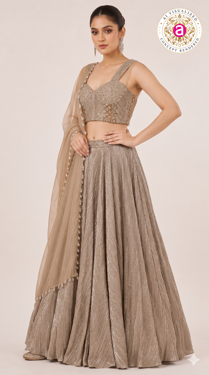 Champagne Gold Handwork Choli Lehenga Set with Dupatta