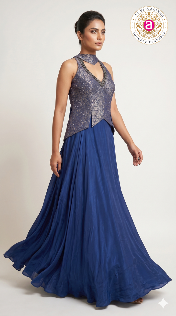 Royal Blue Designer Gown with Embroidered Halter Neck Bodice
