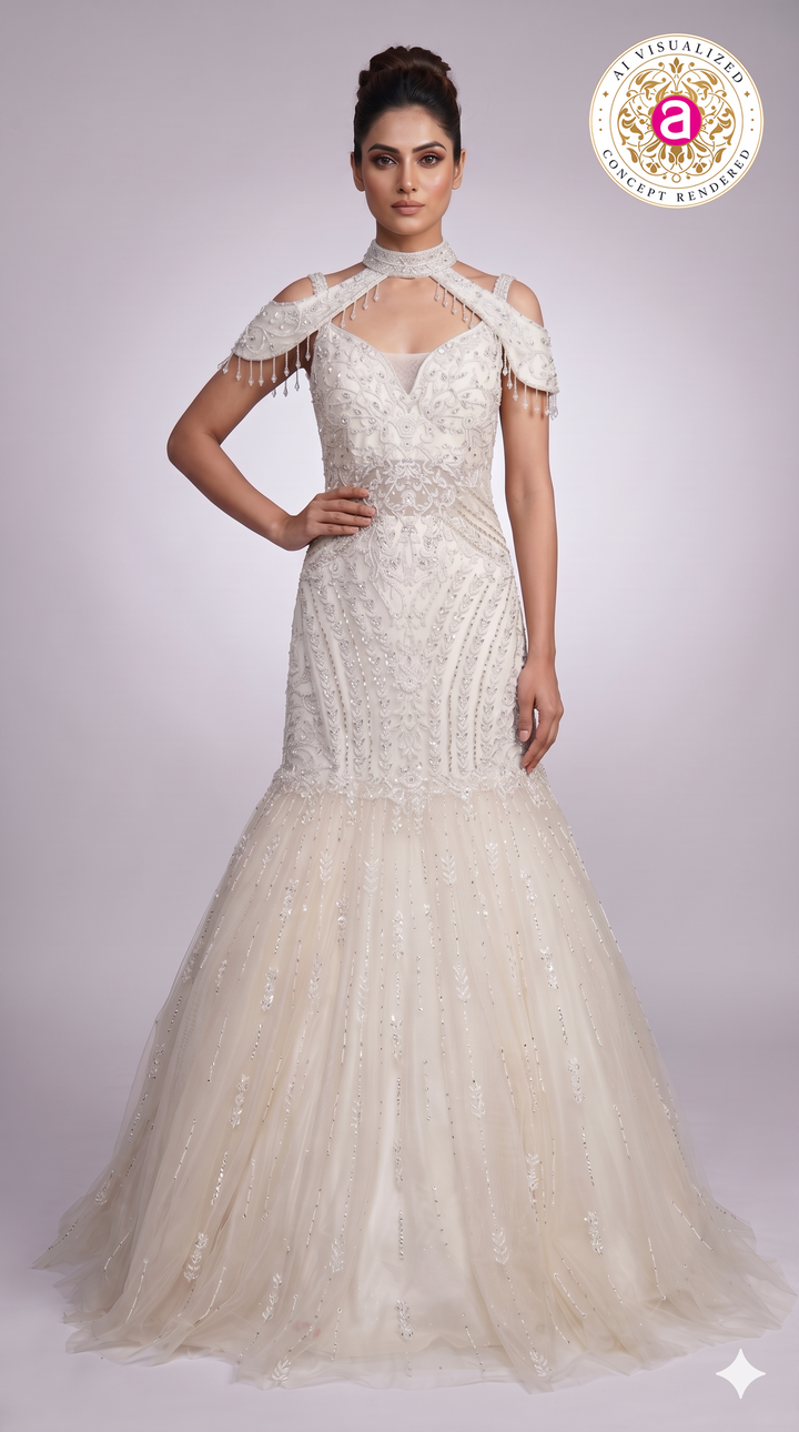 Ivory Pearl Embellished Mermaid Gown with Cold-Shoulder Cape Sleeves