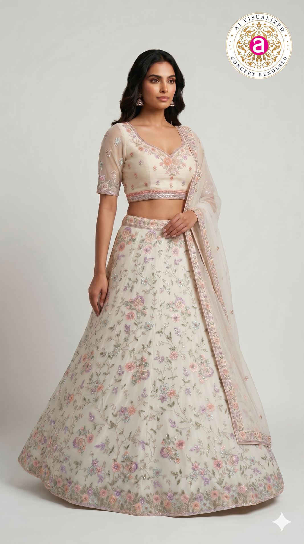 Ivory White Floral Embroidered Designer Lehenga Set with Organza Dupatta