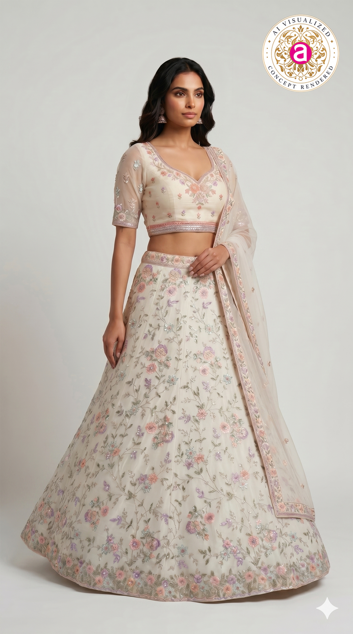 Ivory White Floral Embroidered Designer Lehenga Set with Organza Dupatta