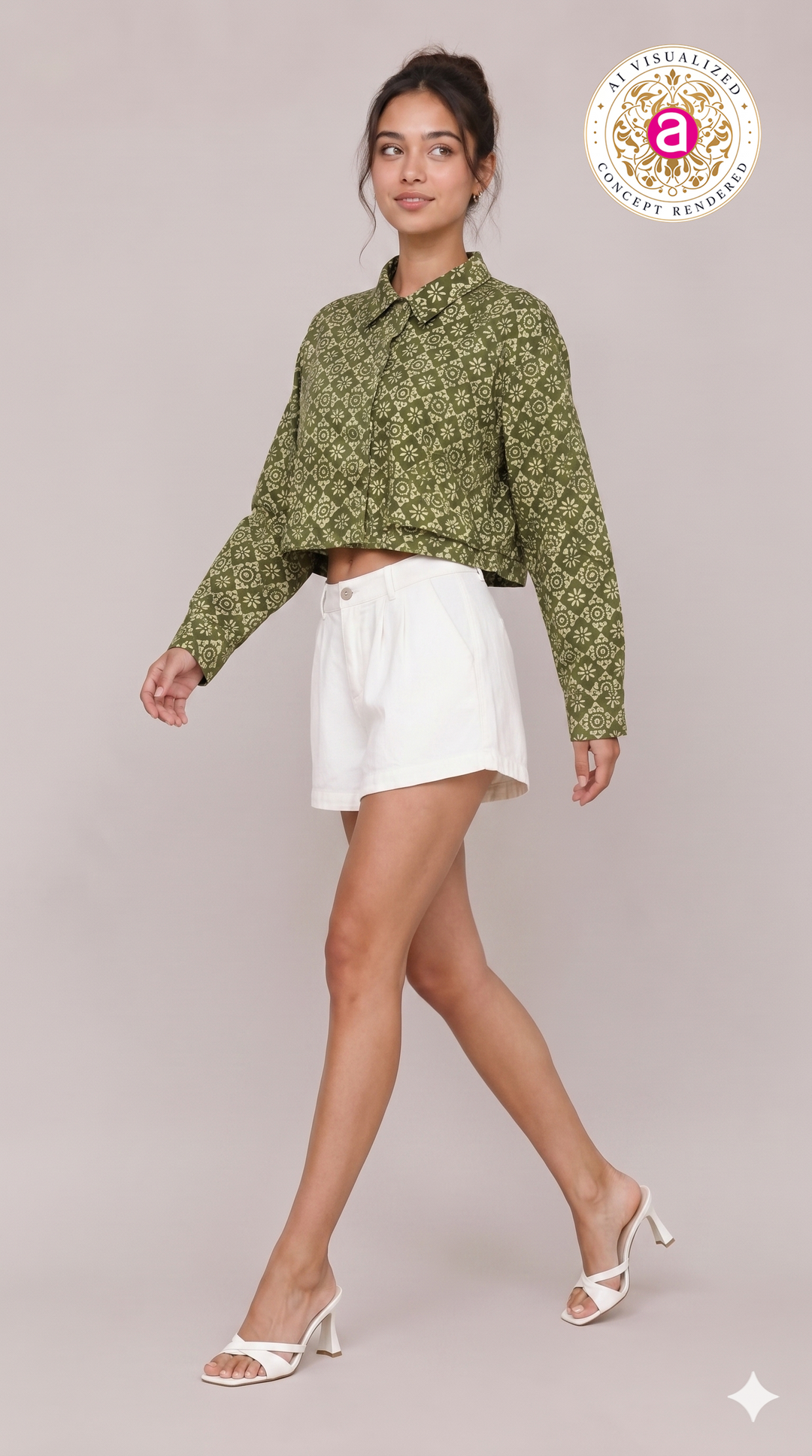 Olive Green Geometric Printed Crop Shirt Top