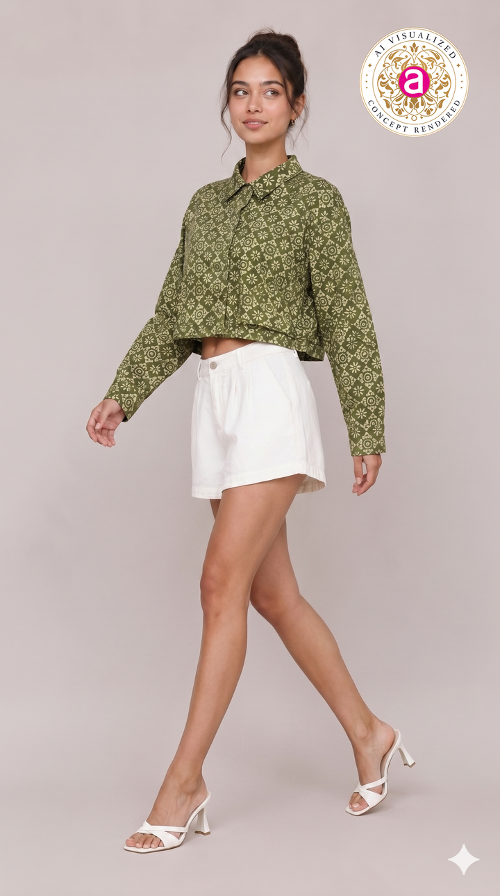 Olive Green Geometric Printed Crop Shirt Top