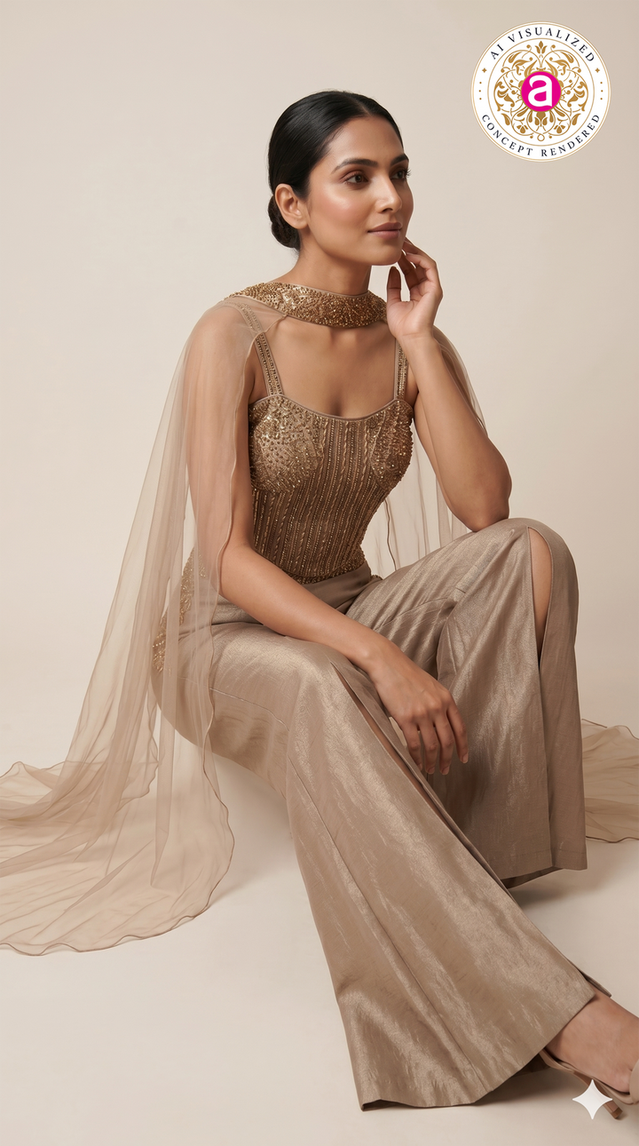 Champagne Gold Embellished Co-Ord Set with Cape Dupatta