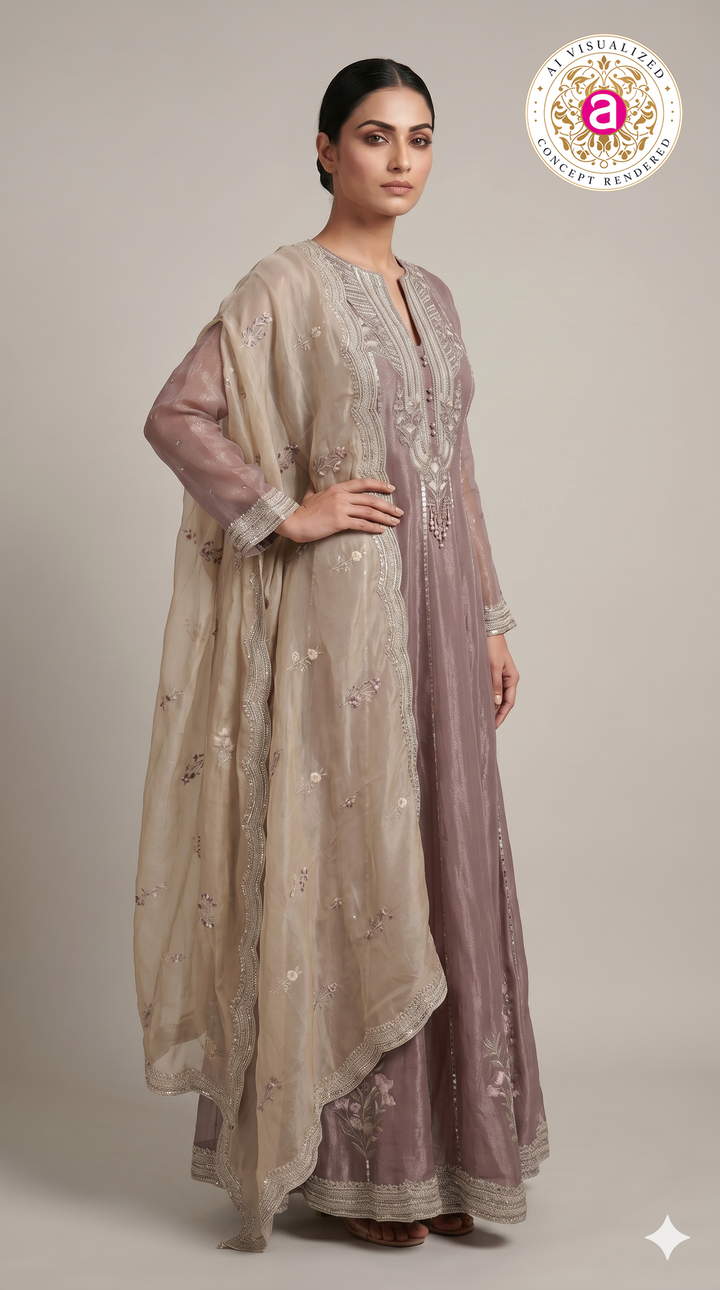 Dusty Mauve Embroidered Anarkali Kurta Set with Palazzo & Organza Dupatta