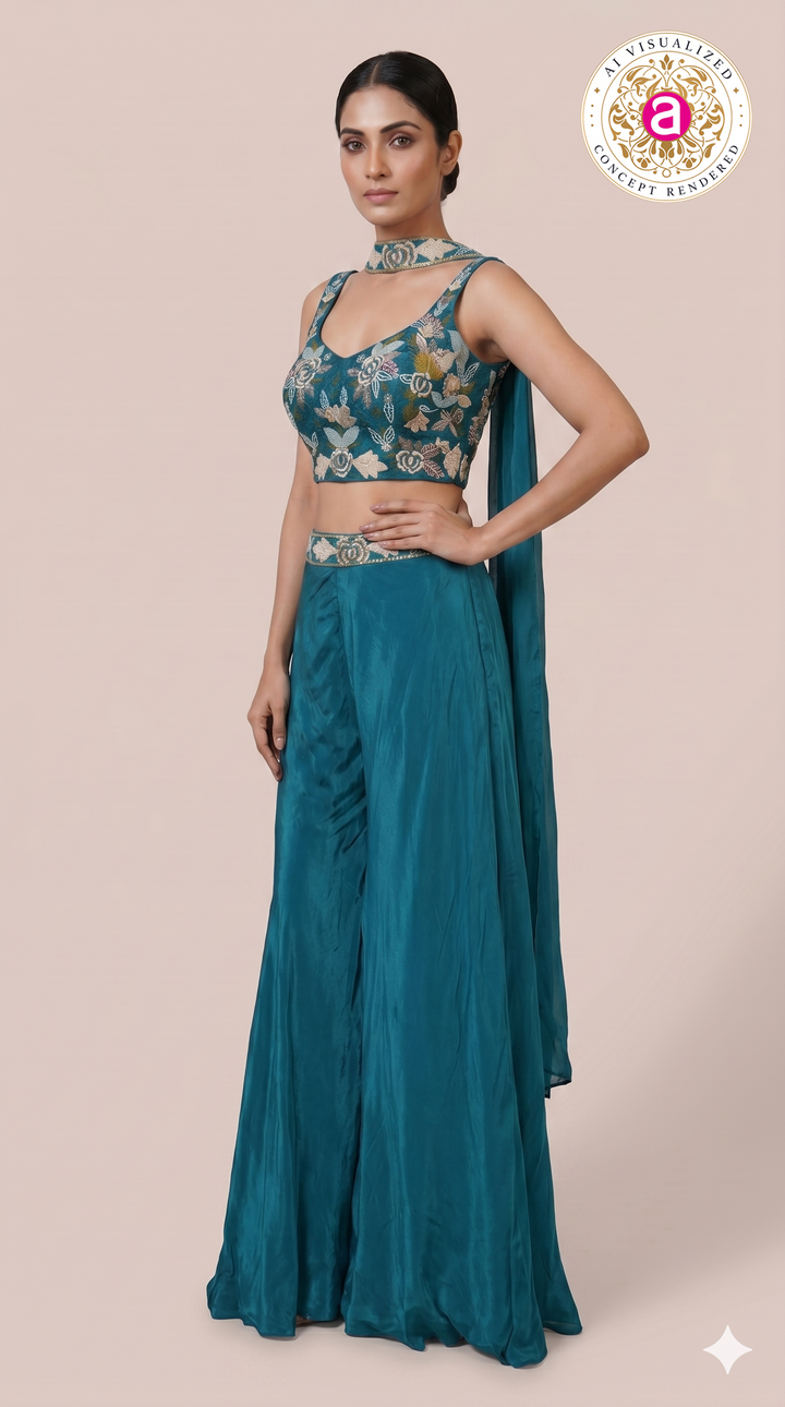 Teal Blue Embroidered Crop Top with Palazzo Pants & Cape Dupatta Set