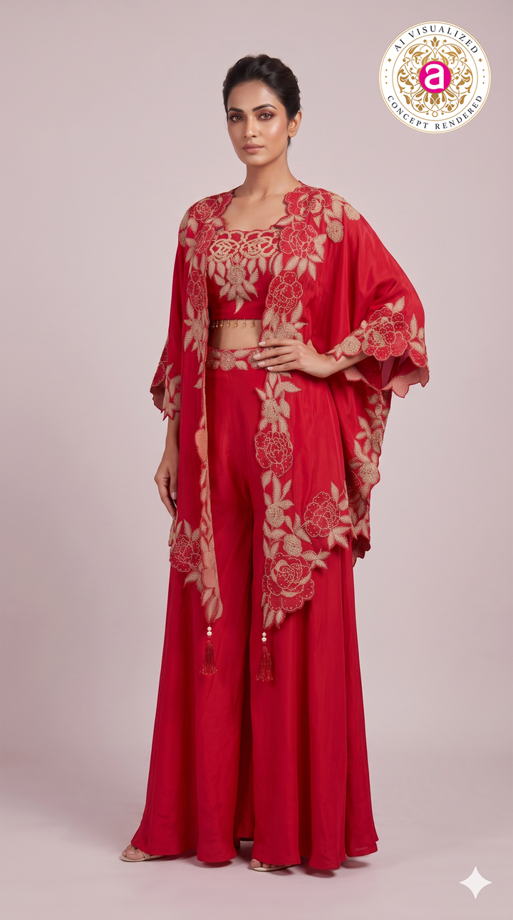 Crimson Red Palazzo Set with Embroidered Cape