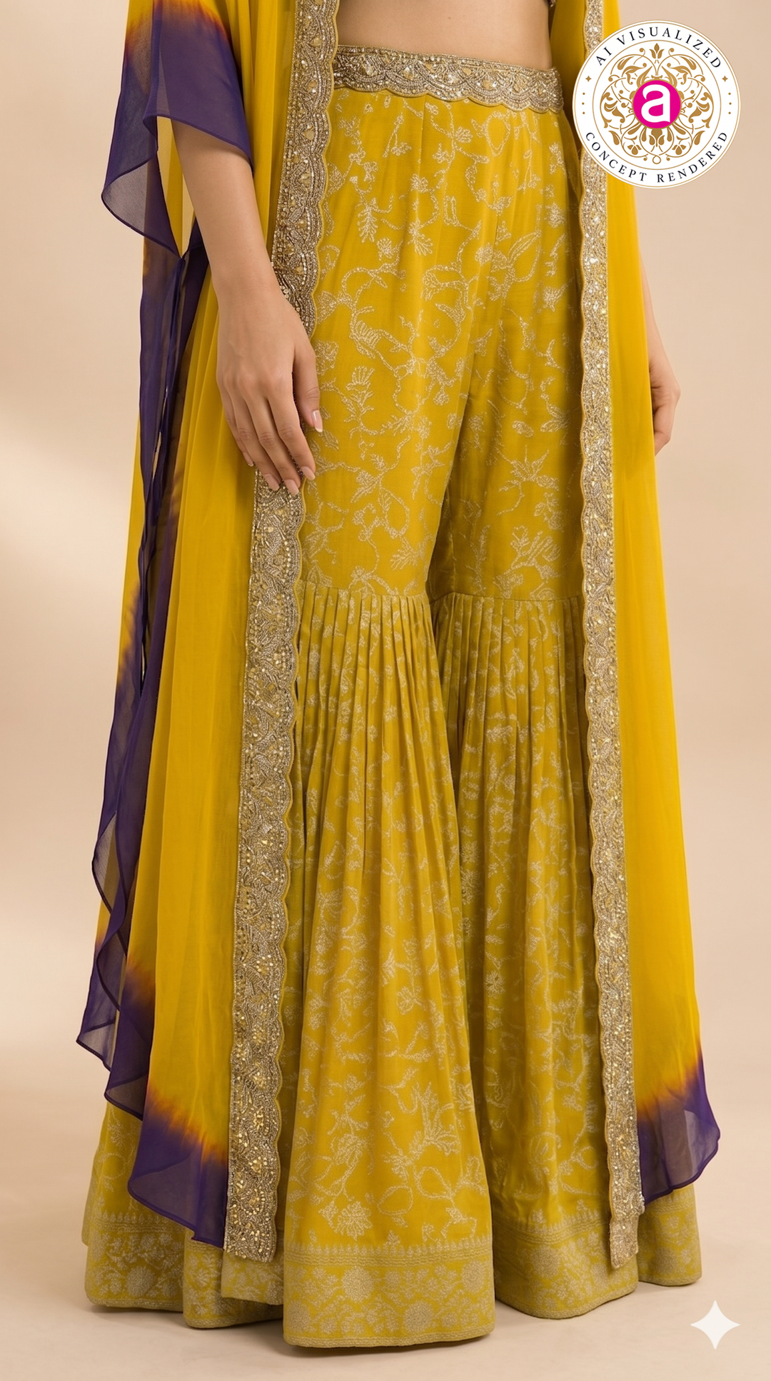 Mustard Yellow Printed Sharara Set with Embellished Cape Dupatta