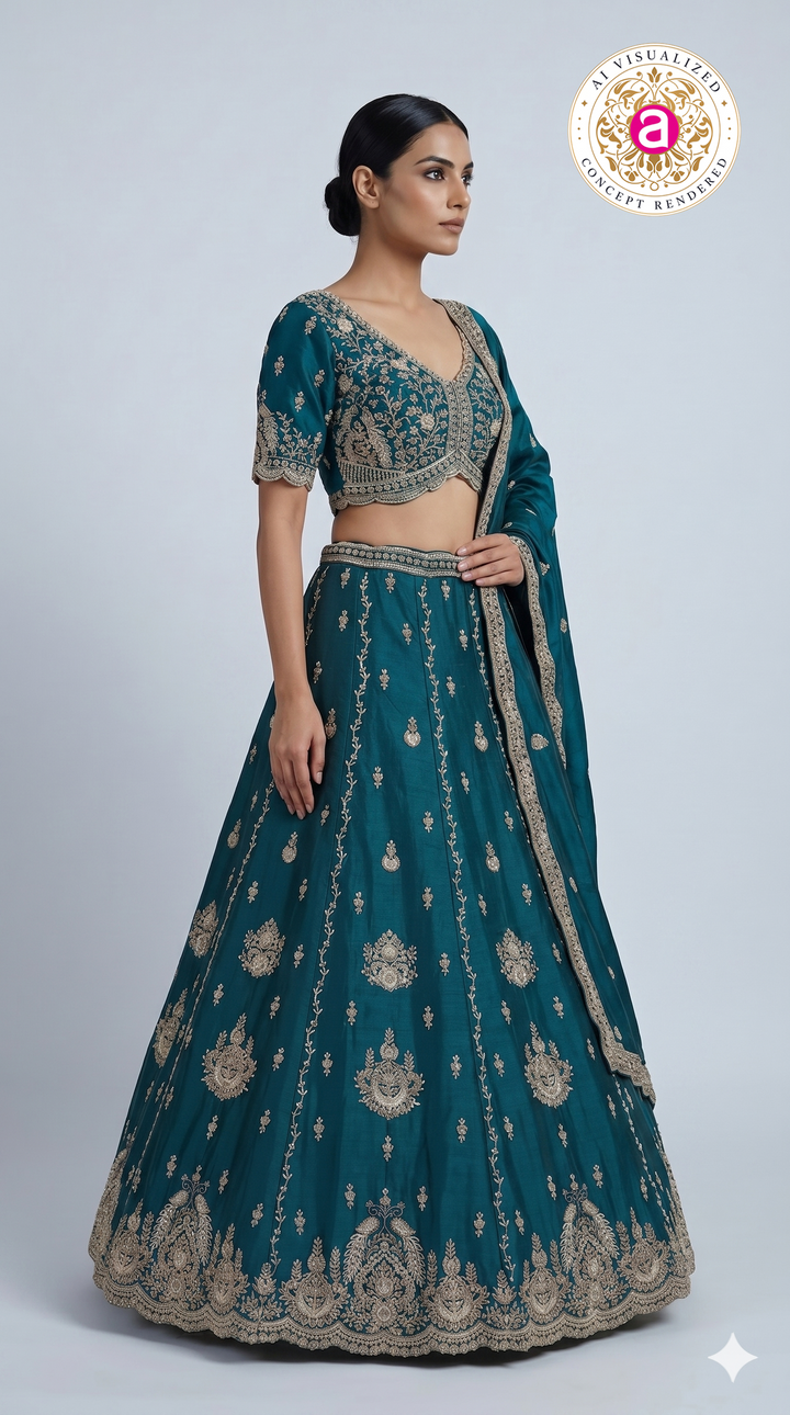 Teal Blue Designer Lehenga Set with Zari Embroidery & Regal Embellished Dupatta