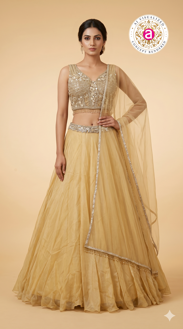 Champagne Gold Designer Lehenga Set with Embellished Blouse & Sheer Organza Dupatta