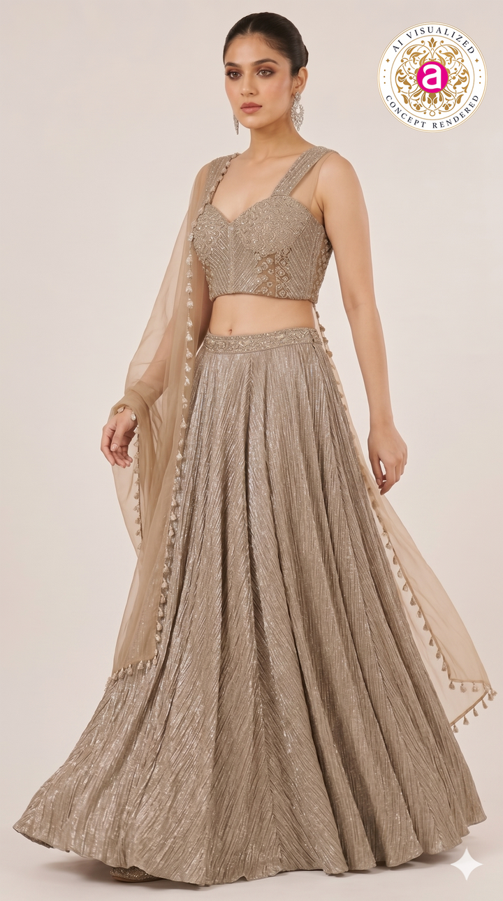 Champagne Gold Handwork Choli Lehenga Set with Dupatta