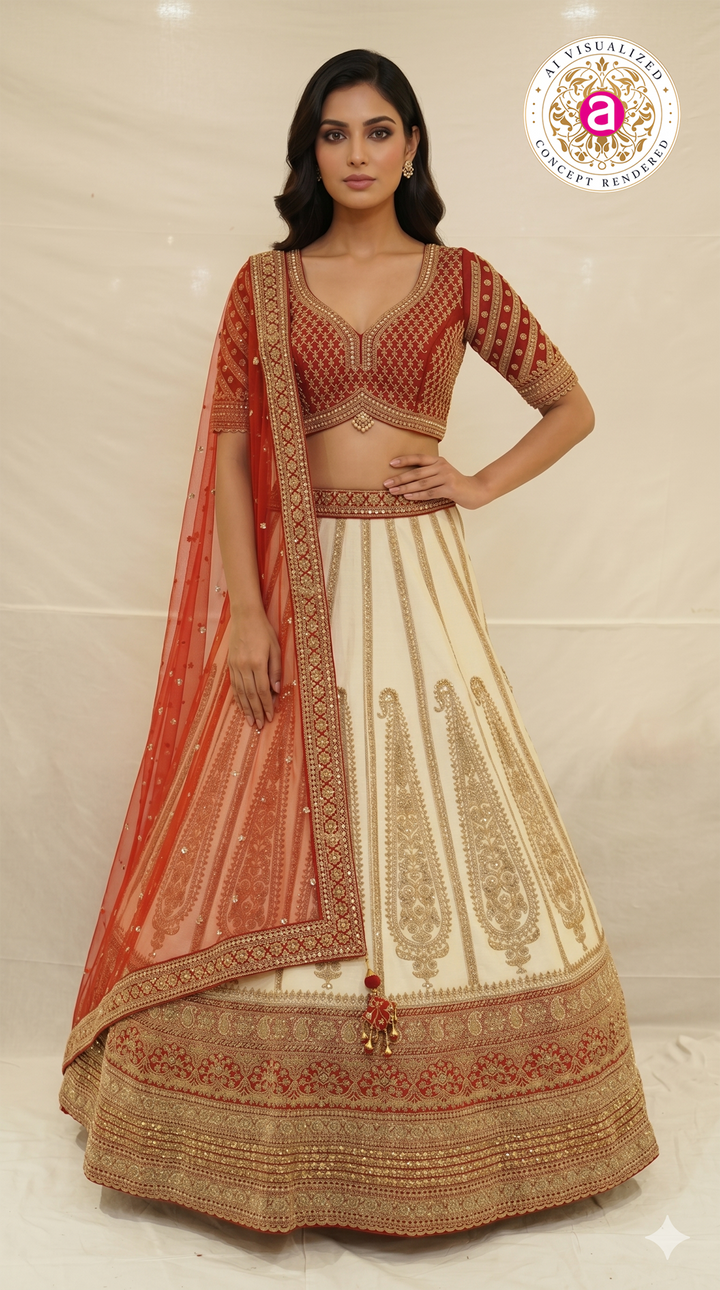 Ivory White & Crimson Red Designer Bridal Lehenga Set with Embroidered Organza Dupatta