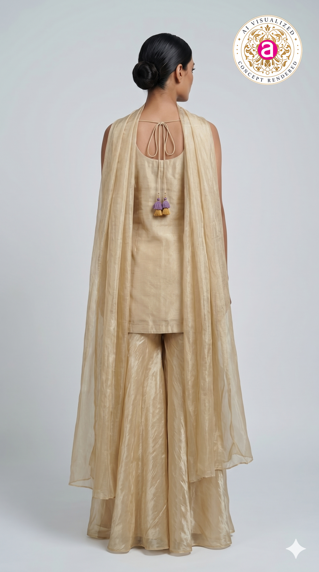 Ivory Floral Embroidered Kurta with Palazzo & Organza Dupatta Set