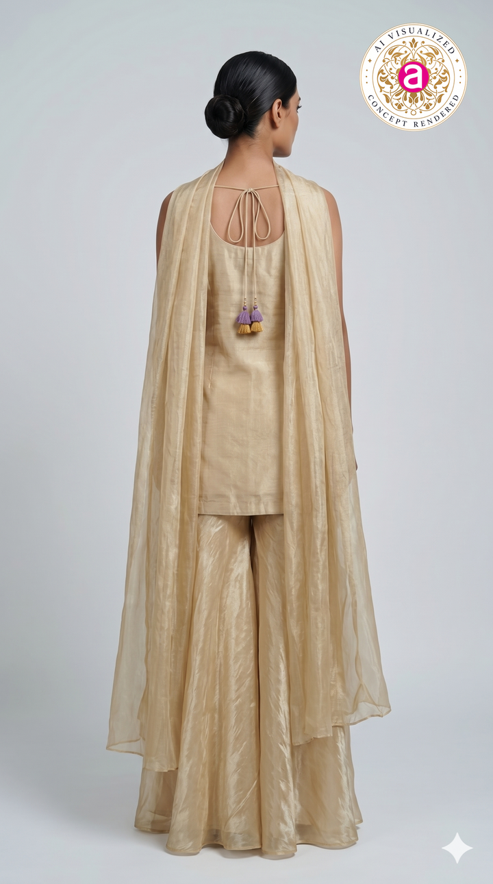 Ivory Floral Embroidered Kurta with Palazzo & Organza Dupatta Set