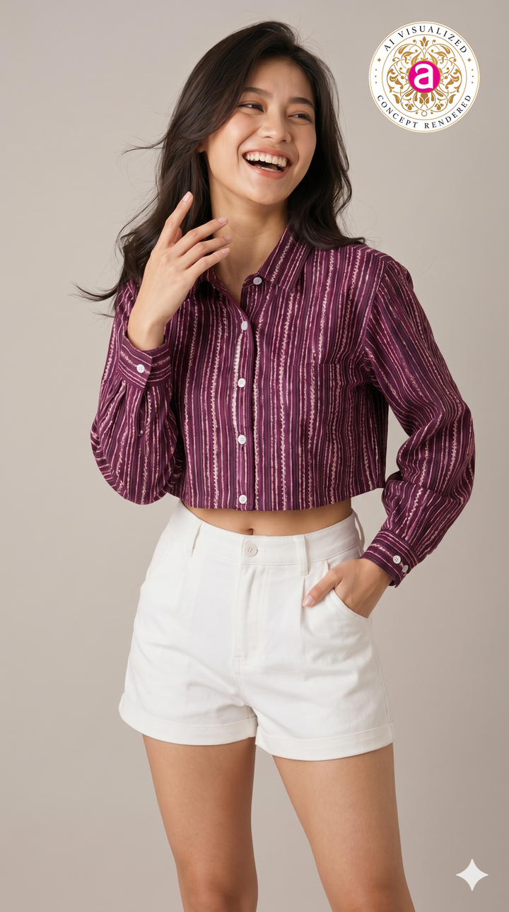 Wine Purple Striped Crop Shirt Top
