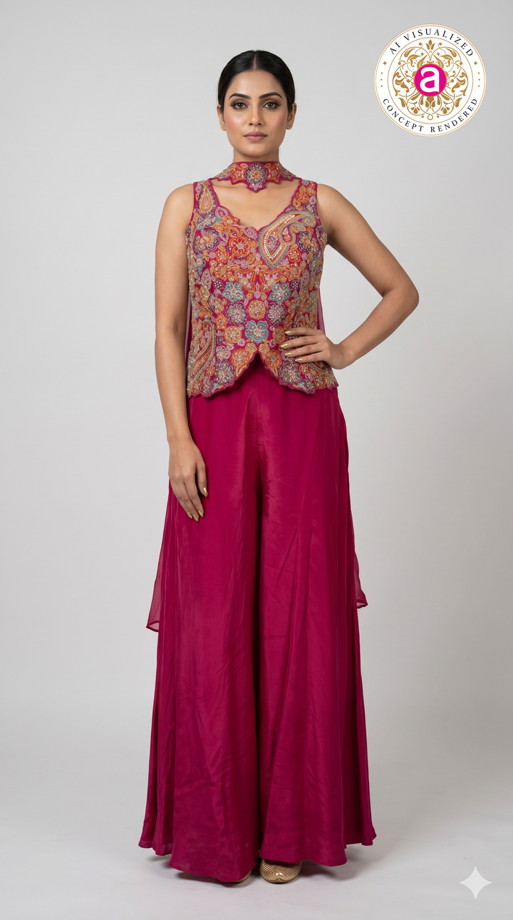 Rani Pink Kashmiri Embroidered Palazzo Set with Statement Choker Neckline