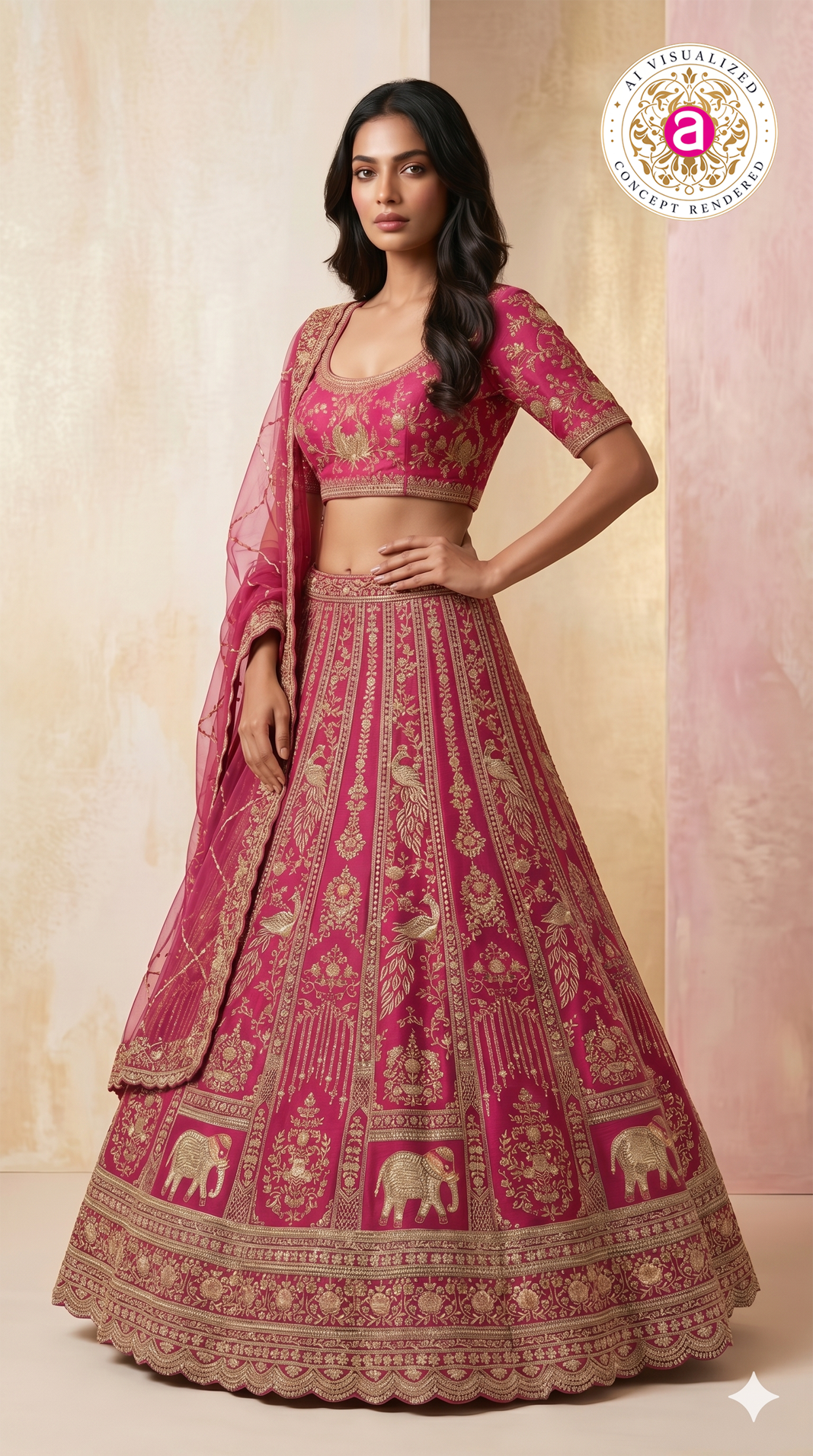 Rani Pink Designer Bridal Lehenga Set with Heavy Zari Embroidery & Net Dupatta