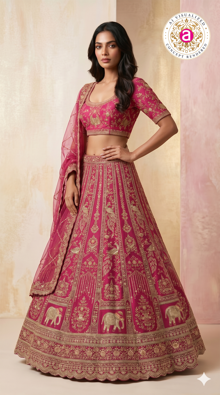 Rani Pink Designer Bridal Lehenga Set with Heavy Zari Embroidery & Net Dupatta