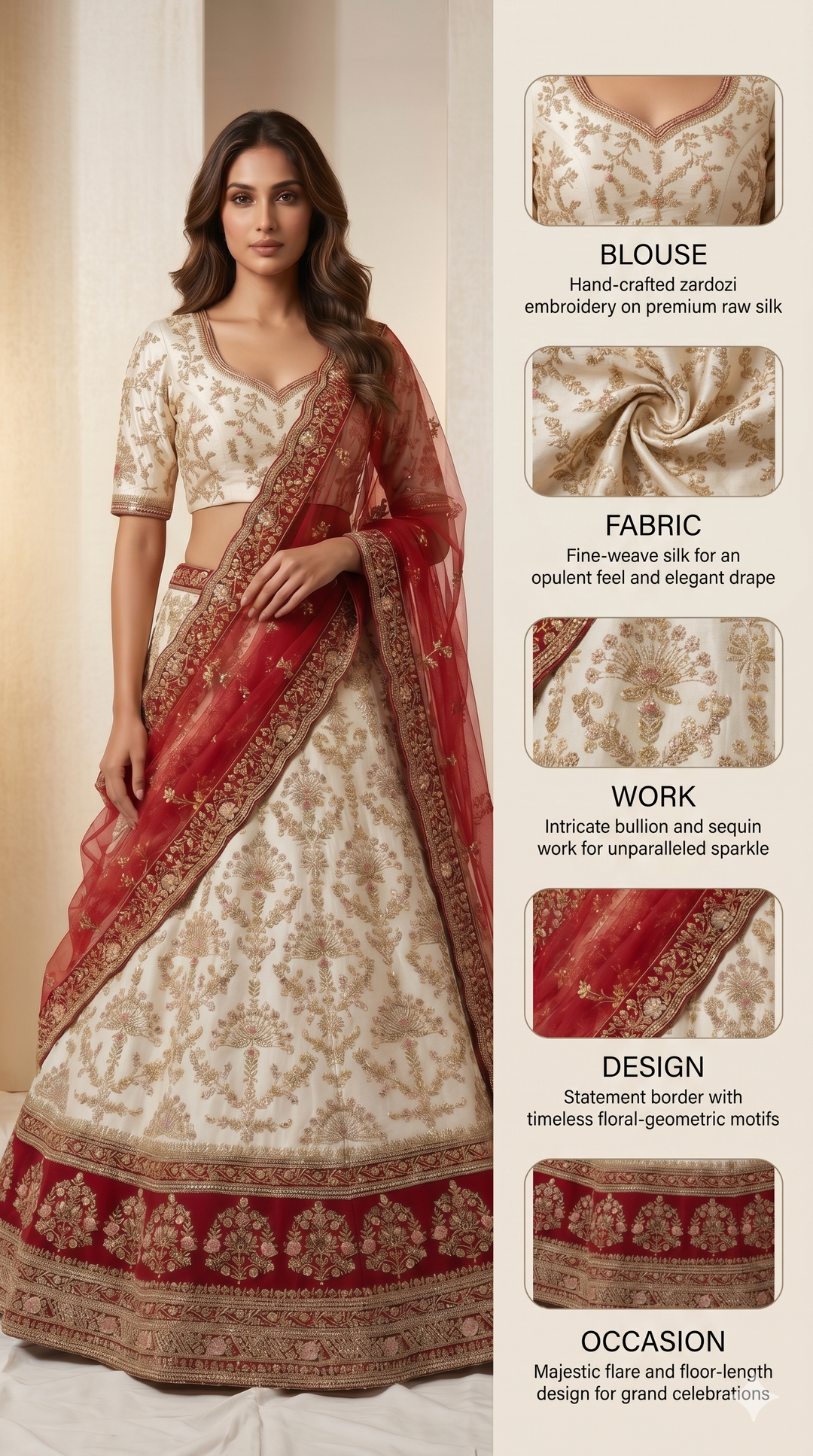 Ivory White & Maroon Designer Bridal Lehenga Set with Heavy Zari Embroidery & Net Dupatta