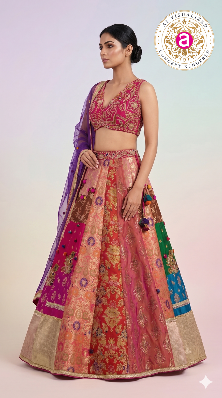 Rani Pink & Multicolour Banarasi Woven Designer Lehenga Choli with Purple Net Dupatta