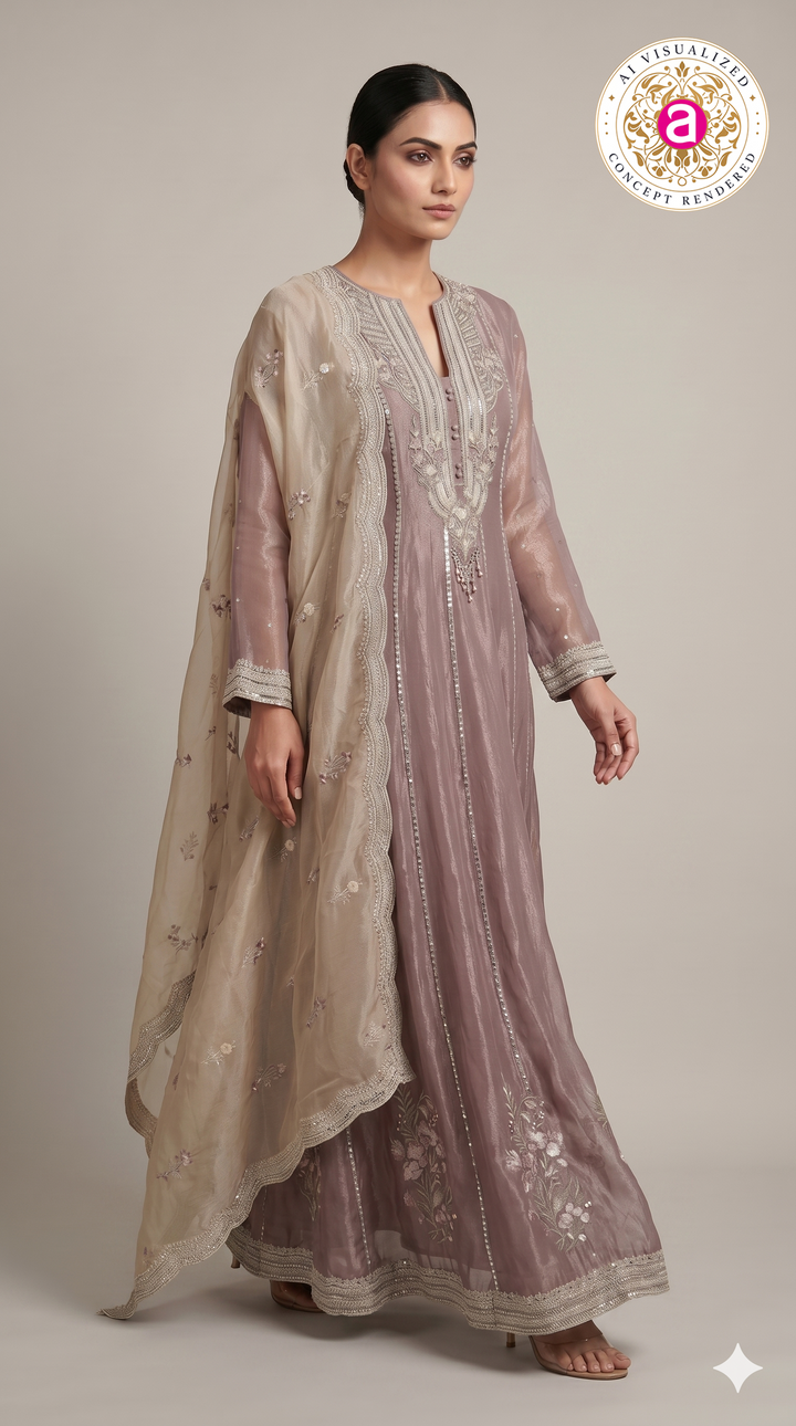 Dusty Mauve Embroidered Anarkali Kurta Set with Palazzo & Organza Dupatta