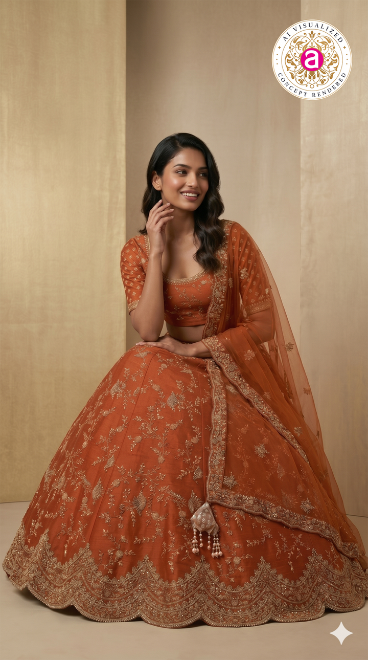 Rust Orange Designer Bridal Lehenga Set with Heavy Zari Embroidery & Net Dupatta
