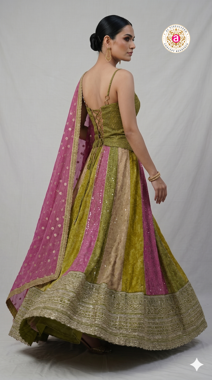 Olive Green & Pink Panelled Designer Lehenga Choli with Embroidered Blouse