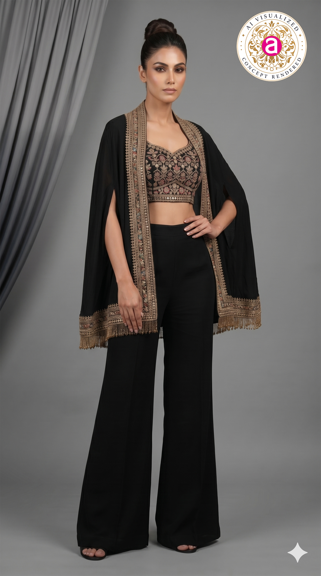 Black Embroidered Indo-Western Co-Ord Set with Cape Jacket