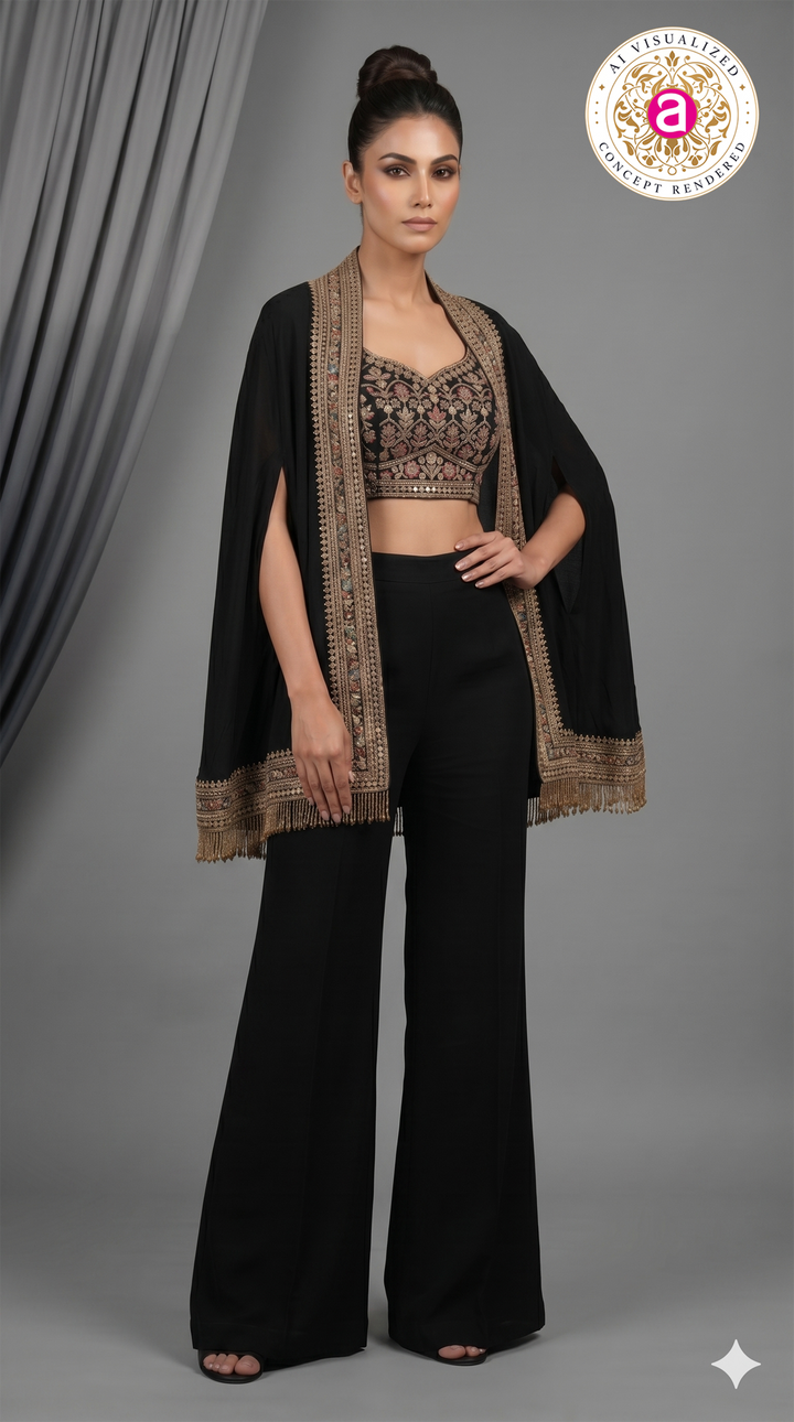 Black Embroidered Indo-Western Co-Ord Set with Cape Jacket