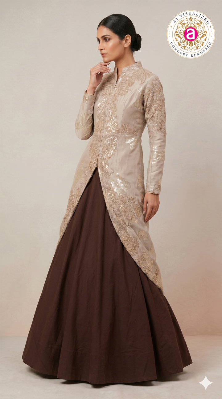Beige & Brown Designer Indo-Western Party Wear Gown Set