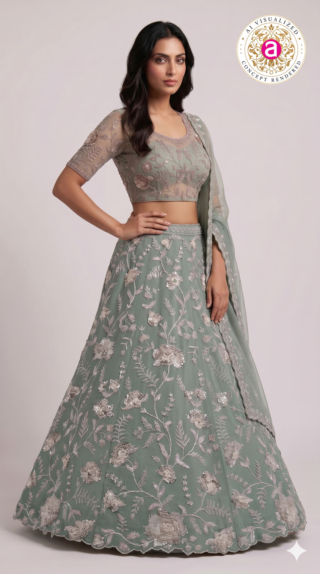 Sage Green Floral Embroidered Designer Lehenga Set with Net Dupatta