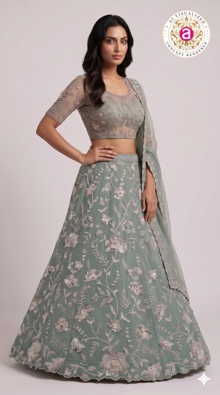 Sage Green Floral Embroidered Designer Lehenga Set with Net Dupatta