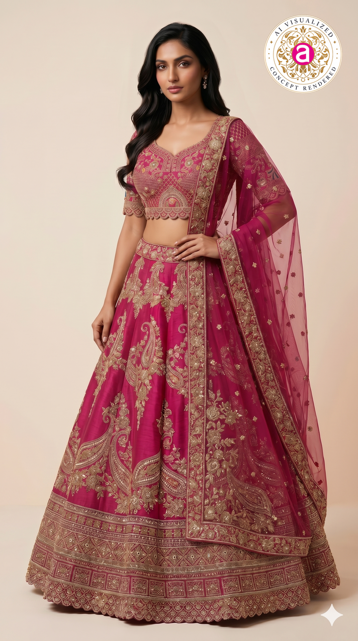 Rani Pink Designer Bridal Lehenga Set with Paisley Zari Embroidery & Embellished Net Dupatta