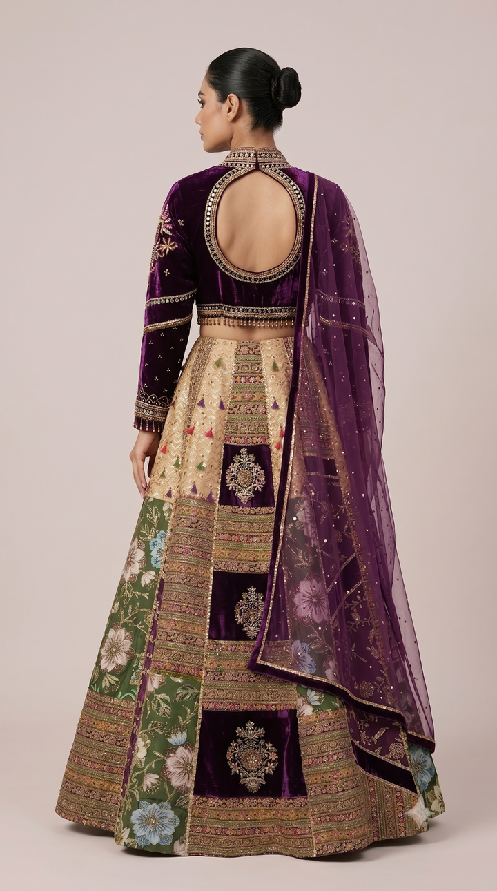 Royal Purple Velvet & Floral Panel Designer Lehenga Set with Embroidered Dupatta