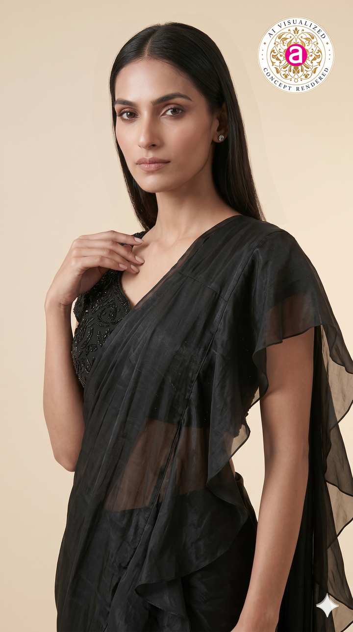 Elegant Black Ruffle Saree with Embellished Blouse