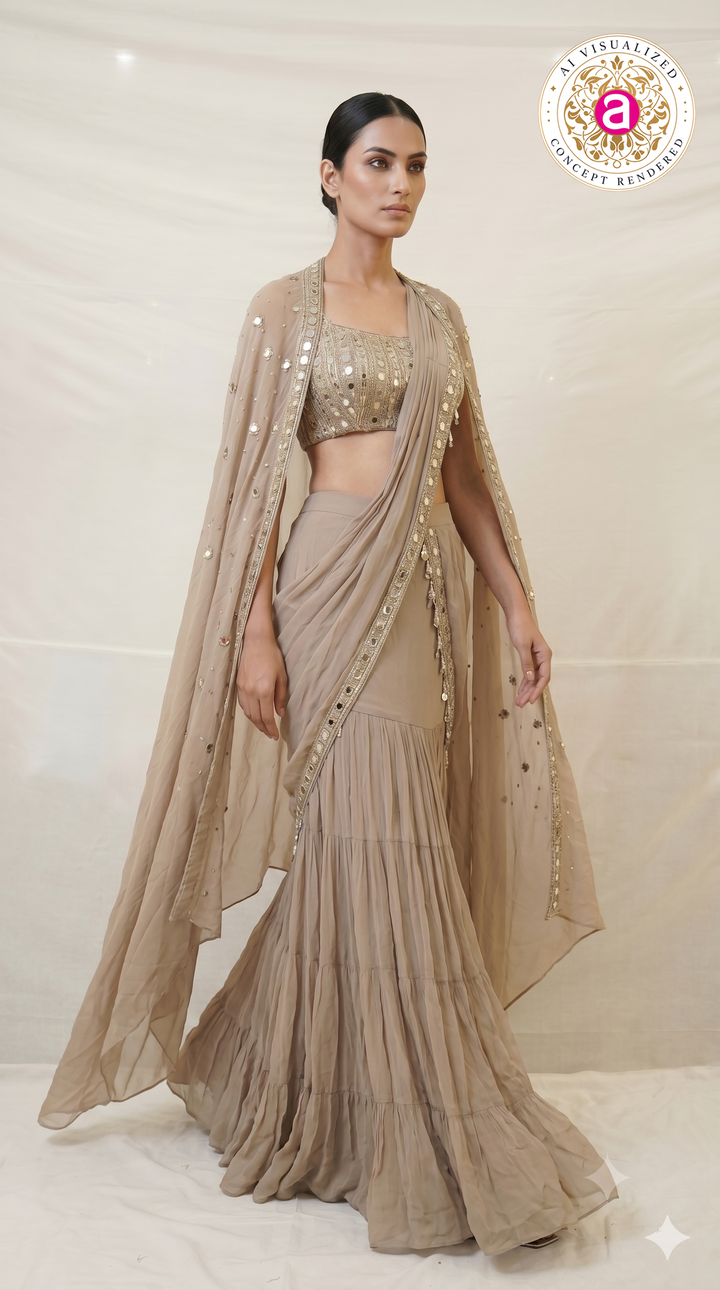 Taupe Mirror Embellished Ready-to-Wear Saree with Cape Dupatta