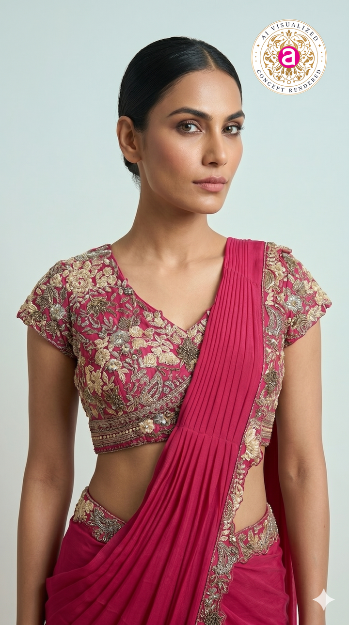 Rani Pink Ready-to-Wear Saree with Heavy Embroidered Blouse & Zari Border