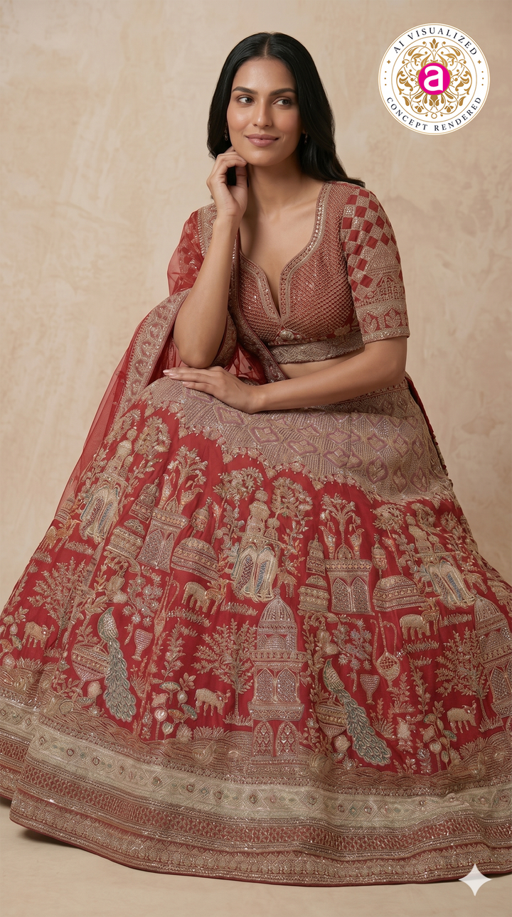 Royal Crimson Red Bridal Lehenga Set with Heritage Zari Embroidery & Designer Net Dupatta