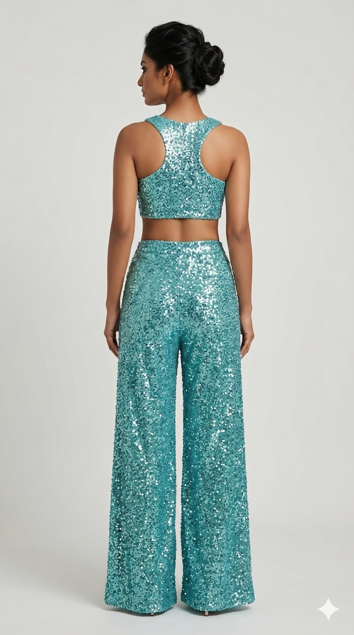 Aqua Blue Sequin Embellished Co-Ord Set