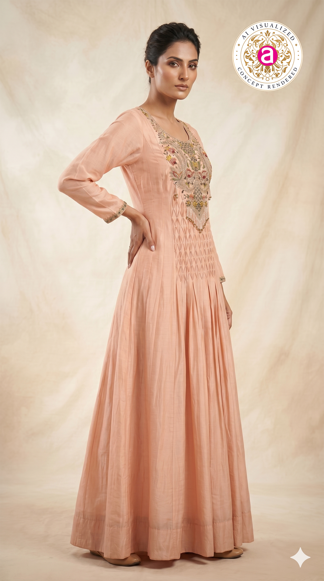 Peach Floral Embroidered Anarkali Gown