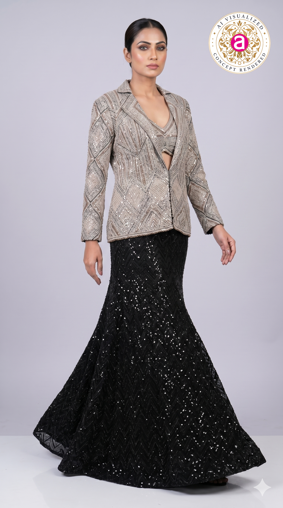 Silver Embellished Structured Jacket with Black Sequin Mermaid Skirt Set