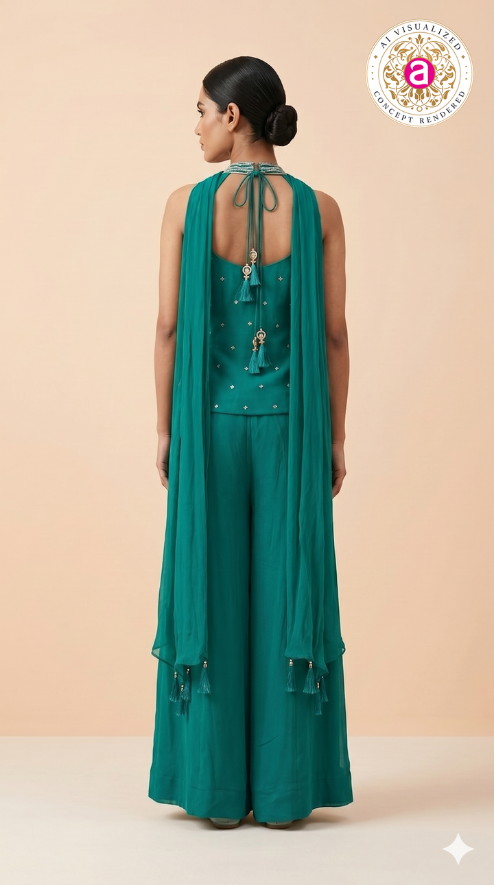 Teal Embroidered Halter Top & Palazzo Set