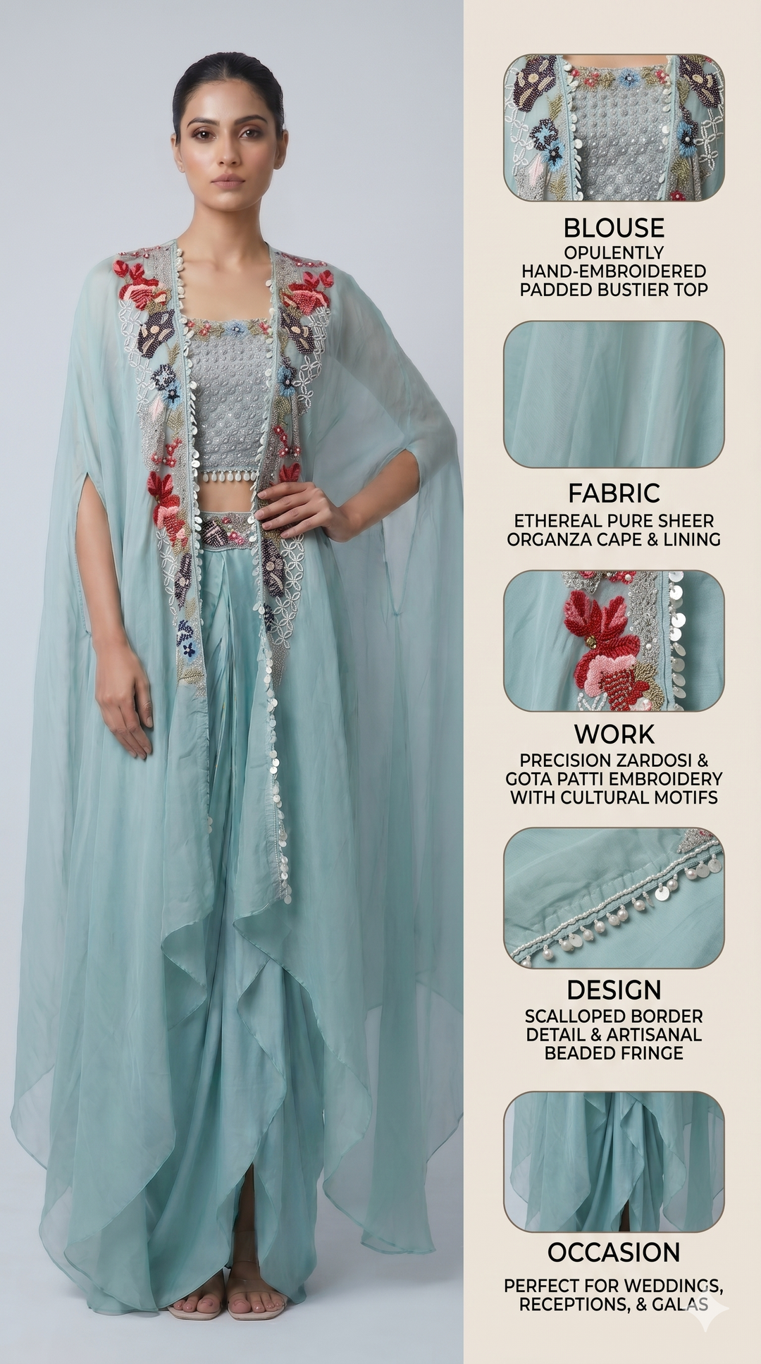 Powder Blue Embroidered Cape Style Designer Ensemble