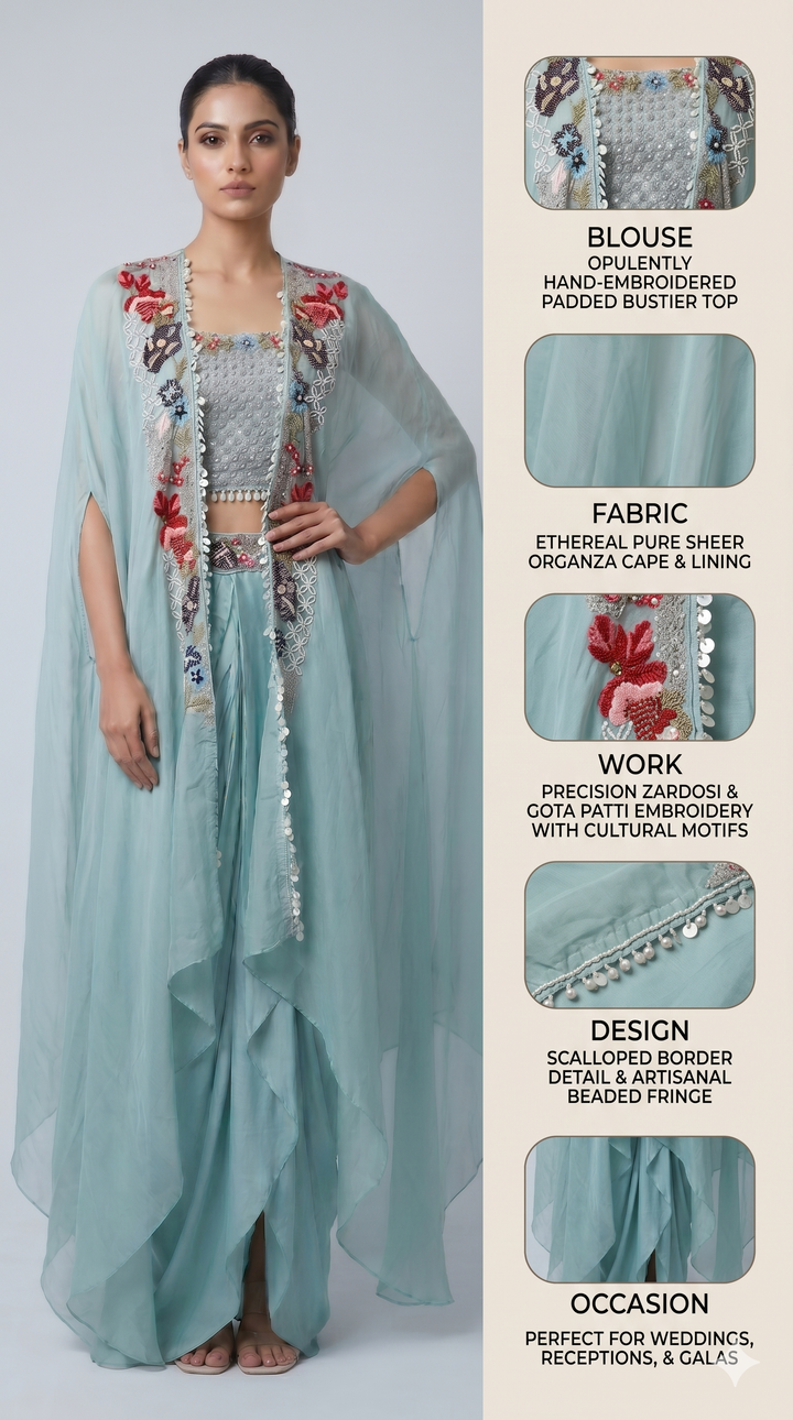 Powder Blue Embroidered Cape Style Designer Ensemble