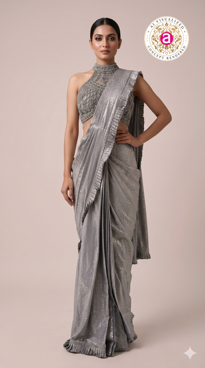 Steel Grey Ready to Wear Saree with Embellished Halter Blouse